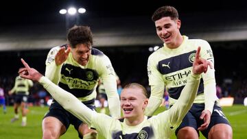 Manchester City's Erling Haaland celebrates after scoring their side's first goal of the game from the penalty spot during the Premier League match at Selhurst Park, London. Picture date: Saturday March 11, 2023. (Photo by Zac Goodwin/PA Images via Getty Images)