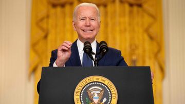 US President Joe Biden delivers remarks on the terror attack at Hamid Karzai International Airport, and the US service members and Afghan victims killed and wounded, in the East Room of the White House, Washington, DC on August 26, 2021. (Photo by Jim WAT