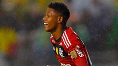 Flamengo's forward Matheus Franca celebrates after scoring a goal during the Copa Libertadores group stage first leg football match between Aucas and Flamengo at the Gonzalo Pozo stadium in Quito, on April 5, 2023. (Photo by Rodrigo BUENDIA / AFP)