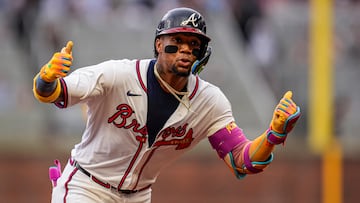Jun 18, 2025; Cumberland, Georgia, USA; Atlanta Braves right fielder Ronald Acuna Jr (13) reacts after hitting a lead off home run against the New York Mets during the first inning at Truist Park. Mandatory Credit: Dale Zanine-Imagn Images