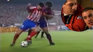 Caminero prepara el regate a Nadal en el Barça-Atlético de la 95-96; arriba, la escena de Carne Trémula donde se ve el gol.