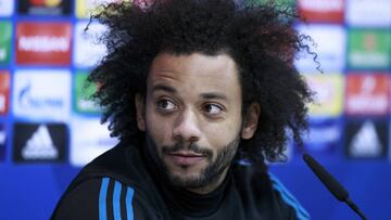 MADRID, SPAIN - FEBRUARY 13: Marcelo of Real Madrid CF attends a press conference at Valdebebas training ground ahead their Round of 16 first leg UEFA Champions League match against Paris Saint-Germain Football Club on February 13, 2018 in Madrid, Spain