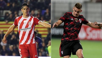 Bernardo Espinosa durante un partido con Girona y Rafael Santos Borré en uno de River Plate.