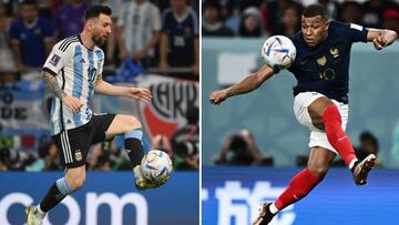 (COMBO) This combination photo created on December 15, 2022 during the Qatar 2022 World Cup football tournament shows Argentina's forward #10 Lionel Messi (L) in Al-Rayyan, west of Doha on December 3, 2022 and France's forward #10 Kylian Mbappe in Al-Wakrah, south of Doha on November 22, 2022. - Argentina will play France in the Qatar 2022 World Cup football final match in Doha on December 18, 2022. (Photo by Franck FIFE and Jewel SAMAD / AFP) (Photo by FRANCK FIFE,JEWEL SAMAD/AFP via Getty Images)