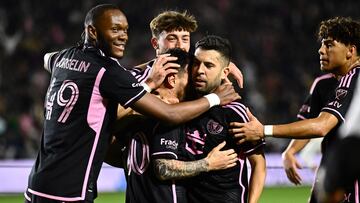 Inter Miami FC's Argentinian forward #10 Lionel Messi celebrates scoring a goal with teammates against the LA Galaxy at Dignity Health Sports Park during their MLS match on February 25, 2024 in Carson California. (Photo by Patrick T. Fallon / AFP)