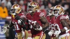 Jan 20, 2024; Santa Clara, CA, USA; San Francisco 49ers linebacker Dre Greenlaw (57) celebrates his interception during the third quarter at Levi's Stadium. Mandatory Credit: Mark Hoffman-USA TODAY Sports