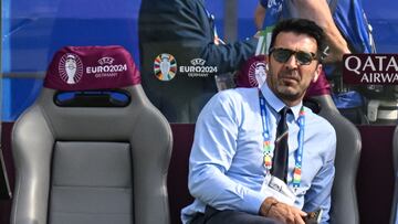 Former Italian international football player and Italy's delegation head Gianluigi Buffon looks on prior the UEFA Euro 2024 round of 16 football match between Switzerland and Italy at the Olympiastadion Berlin in Berlin on June 29, 2024. (Photo by Fabrice COFFRINI / AFP)