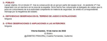 Impacta un mechero en el asistente del Alavés-Granada