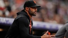 San Francisco Giants manager Gabe Kapler looks on in the first inning against the Colorado Rockies at Coors Field.