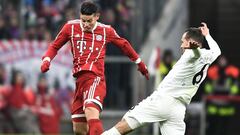Munich (Germany), 02/12/2017.- Bayern&#039;s James Rodriguez and Hannover&#039;s Marvin Bakalorz (R) in action during the German Bundesliga soccer match between FC Bayern Munich and Hannover 96 in Munich, Germany, 02 December 2017. (Alemania) EFE/EPA/CHRISTIAN BRUNA (ATTENTION: Due to the accreditation guidelines, the DFL only permits the publication and utilisation of up to 15 pictures per match on the internet and in online media during the match.)