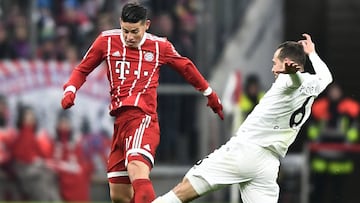 Munich (Germany), 02/12/2017.- Bayern's James Rodriguez and Hannover's Marvin Bakalorz (R) in action during the German Bundesliga soccer match between FC Bayern Munich and Hannover 96 in Munich, Germany, 02 December 2017. (Alemania) EFE/EPA/CHRISTIAN BRUNA (ATTENTION: Due to the accreditation guidelines, the DFL only permits the publication and utilisation of up to 15 pictures per match on the internet and in online media during the match.)