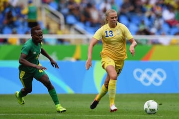Fridolina Rolfo of Sweden controls the ball against Noko Matlou of South Africa
