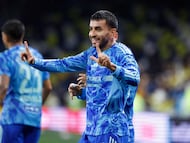 NASHVILLE, TENNESSEE - APRIL 28: �ngel Correa #7 of Tigres UANL celebrates after scoring a goal during the first half of the semi-final of the CONCACAF Champions Cup against Nashville SC at GEODIS Park on April 28, 2026 in Nashville, Tennessee. Johnnie Izquierdo/Getty Images/AFP (Photo by Johnnie Izquierdo / GETTY IMAGES NORTH AMERICA / Getty Images via AFP)