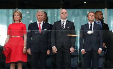 Los reyes de Bégica, la reina Matilde y el rey Philippe, el presidente de la FIFA Gianni Infantino y el presidente de Francia Emmanuel Macron.