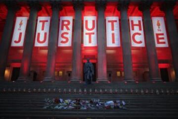 St George's Hall bathed in red and white. A service will be held there on Wednesday.