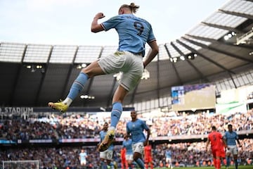 Haaland celebrates one of his many Premier League goals this season