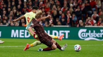 0-2. Dani Olmo filtra un pase al desmarque de Ayoze Pérez, el delantero se interna en el área danesa con la oposición de Joachim Andersen y de disparo cruzado, raso con la izquierda, supera  a Kasper Schmeichel.