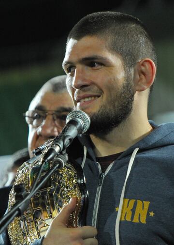 Russia's Khabib Nurmagomedov, UFC lightweight champion who defeated Conor McGregor of Ireland in the main event of UFC 229, attends the ceremony of honouring him at Anzhi Arena in Kaspiysk, a city in the republic of Dagestan, Russia October 8, 2018. Pictu