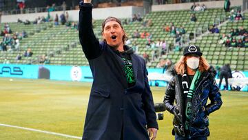 Feb 26, 2022; Austin, Texas, USA; Actor and FC Austin minority owner Matthew McConaughey leads fans in a cheer before the game against FC Cincinnati at Q2 Stadium. Mandatory Credit: Scott Wachter-USA TODAY Sports