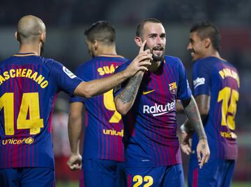 Barcelona's players celebrate doubling their lead.