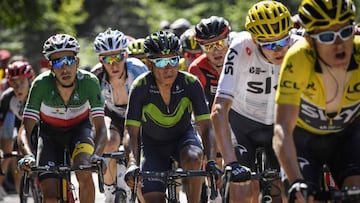 Fabio Aru, Nairo Quintana y Chris Froome durante la subida a la Planche des Belles Filles en el Tour de Francia 2017.