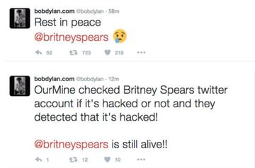 El mensaje de pésame publicado desde la cuenta de Twitter de Bob Dylan y la posterior explicación del hackeo.