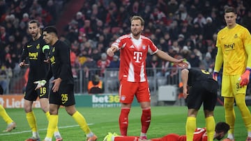 Bayern Munich's English forward #09 Harry Kane (C) reacts during the UEFA Champions League football match between FC Bayern Munich (GER) and Royale Union St-Gilloise (BEL) in Munich, southern Germany, on January 21, 2026. (Photo by Karl-Josef HILDENBRAND / AFP)