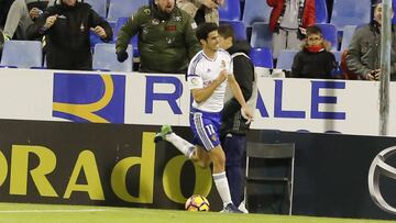 Edu Garc&iacute;a celebra su primer gol con el Real Zaragoza.