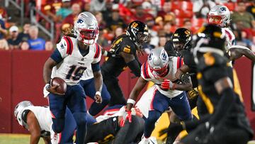 Aug 25, 2024; Landover, Maryland, USA; New England Patriots quarterback Joe Milton III (19) scrambles during the second half against the Washington Commanders at Commanders Field. Mandatory Credit: Tommy Gilligan-USA TODAY Sports
