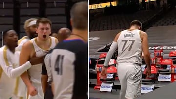 Doncic entra en cólera con el árbitro y lo paga con la valla de publicidad: hubo que sujetarle...