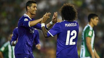 SEVILLE, SPAIN - OCTOBER 15:  Marcelo (R) and Cristiano Ronaldo of Real Madrid CF celebrates after scoring during the match between Real Betis Balompie and Real Madrid CF as part of La Liga at Benito Villamrin stadium October 15, 2016 in Seville, Spain.  