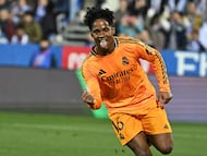 (FILES) Real Madrid's Brazilian forward #16 Endrick celebrates scoring their second goal during the Spanish Copa del Rey (King's Cup) quarter-final first leg football match between Club Deportivo Leganes SAD and Real Madrid CF at Butarque Municipal Stadium in Leganes on February 5, 2025. Olympique Lyonnais (Ligue 1) confirmed on December 23, 2025 that it had reached an agreement with Real Madrid for the loan of Brazilian international striker Endrick. (Photo by JAVIER SORIANO / AFP)