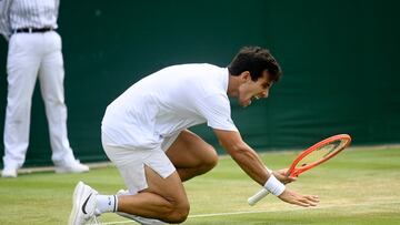 Tennis - Wimbledon - All England Lawn Tennis and Croquet Club, London, Britain - July 2, 2022 Chile's Cristian Garin celebrates winning his third round match against Jenson Brooksby of the U.S. REUTERS/Toby Melville