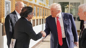 U.S. President Donald Trump and his Colombian counterpart Gustavo Petro shake hands at the White House, in Washington, D.C., U.S., February 3, 2026. Colombia Presidency/Handout via REUTERS ATTENTION EDITORS - THIS IMAGE HAS BEEN SUPPLIED BY A THIRD PARTY.NO RESALES. NO ARCHIVES. BEST QUALITY AVAILABLE