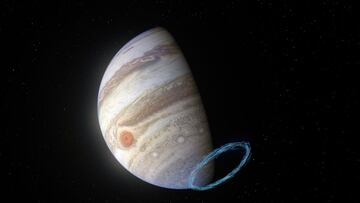 This handout artist&#039;s impression released by The European Southern Observatory (ESO) on March 18, 2021 shows winds in Jupiterx92s stratosphere near the planetx92s south pole, with the blue lines representing wind speeds. - These lines are superimpose