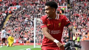 LIVERPOOL, ENGLAND - APRIL 13: (SUN OUT, SUN ON SUNDAY OUT) Luis Diaz of Liverpool celebrates scoring his team's first goal during the Premier League match between Liverpool FC and West Ham United FC at Anfield on April 13, 2025 in Liverpool, England. (Photo by Liverpool FC/Liverpool FC via Getty Images)