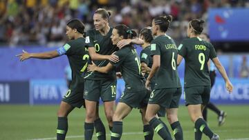 Australia&#039;s Sam Kerr, left, celebrates with her teammates after scoring her side&#039;s third goal during the Women&#039;s World Cup Group C soccer match between Jamaica and Australia at Stade des Alpes stadium in Grenoble, France, Tuesday, June 18, 
