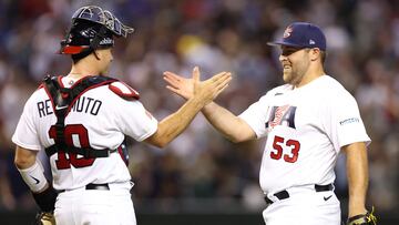 PHOENIX, ARIZONA - MARCH 11: Relief pitcher David Bednar #53 of Team USA celebrates with catcher J.T. Realmuto #10 after defeating Team Great Britain in the World Baseball Classic Pool C game at Chase Field on March 11, 2023 in Phoenix, Arizona. Team USA defeated Team Great Britain 6-2. Christian Petersen/Getty Images/AFP (Photo by Christian Petersen / GETTY IMAGES NORTH AMERICA / Getty Images via AFP)