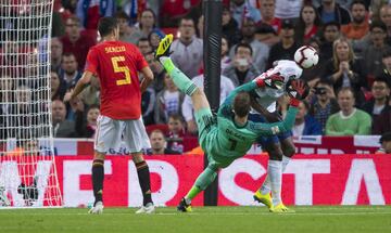 David de Gea tumbles in the move which led to Danny Welbeck's goal being ruled out.