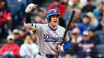 May 28, 2025; Cleveland, Ohio, USA; Los Angeles Dodgers designated hitter Shohei Ohtani (17) motions for Los Angeles Dodgers first baseman Kike Hernandez (not pictured) to come home on a wild pitch during the seventh inning against the Cleveland Guardians at Progressive Field. Mandatory Credit: Ken Blaze-Imagn Images