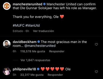 David Beckham y Phil Neville reaccionaron al despido de Solskjaer