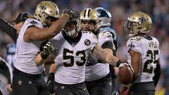 CHARLOTTE, NC - DECEMBER 17: A.J. Klein #53 of the New Orleans Saints celebrates a fumble recovery against the Carolina Panthers in the third quarter during their game at Bank of America Stadium on December 17, 2018 in Charlotte, North Carolina.   Grant Halverson/Getty Images/AFP
 == FOR NEWSPAPERS, INTERNET, TELCOS &amp; TELEVISION USE ONLY ==
