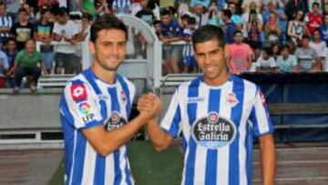 H&eacute;lder Postiga y Juanfran, en su presentaci&oacute;n.