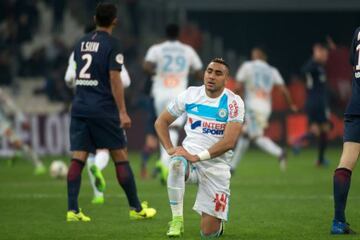 Olympique de Marseille's French forward Dimitri Payet reacts during the French L1 football match Olympique de Marseille vs Paris Saint-Germain