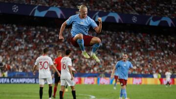 Haaland celebrando su segundo gol al Sevilla en la pasada Champions.