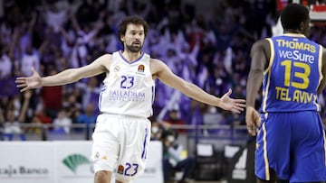 Sergio Llull celebra uno de sus cinco triples.