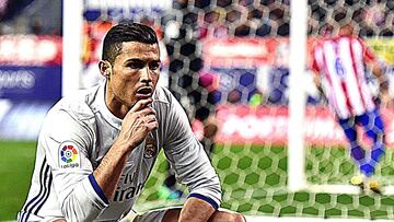 TOPSHOT - Real Madrid's Portuguese forward Cristiano Ronaldo poses in front of a TV camera as he celebrates after scoring during the Spanish league football match Club Atletico de Madrid vs Real Madrid CF at the Vicente Calderon stadium in Madrid, on November 19, 2016.
Real Madrid won 3-0. / AFP PHOTO / GERARD JULIEN CAMARA DE TELEVISION MANNEQUIN CHALLENGE