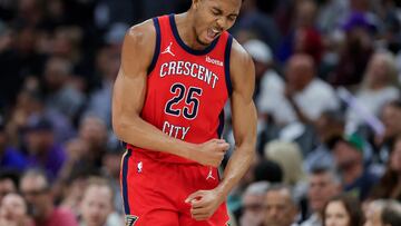 Apr 2, 2024; Sacramento, California, USA; New Orleans Pelicans guard Trey Murphy III (25) celebrates after scoring a basket during the first quarter against the Sacramento Kings at Golden 1 Center. Mandatory Credit: Sergio Estrada-USA TODAY Sports