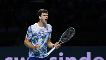 Poland's Hubert Hurkacz reacts after winning against France's Ugo Humbert their men's single semi-final tennis match against at the Swiss Indoors ATP 500 tournament in Basel on October 28, 2023. (Photo by Fabrice COFFRINI / AFP)