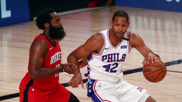 Aug 14, 2020; Lake Buena Vista, Florida, USA; Philadelphia 76ers forward Al Horford (42) drives against Houston Rockets guard James Harden (left) during the second half of a NBA basketball game at AdventHealth Arena. Mandatory Credit: Kim Klement-USA TODAY Sports
